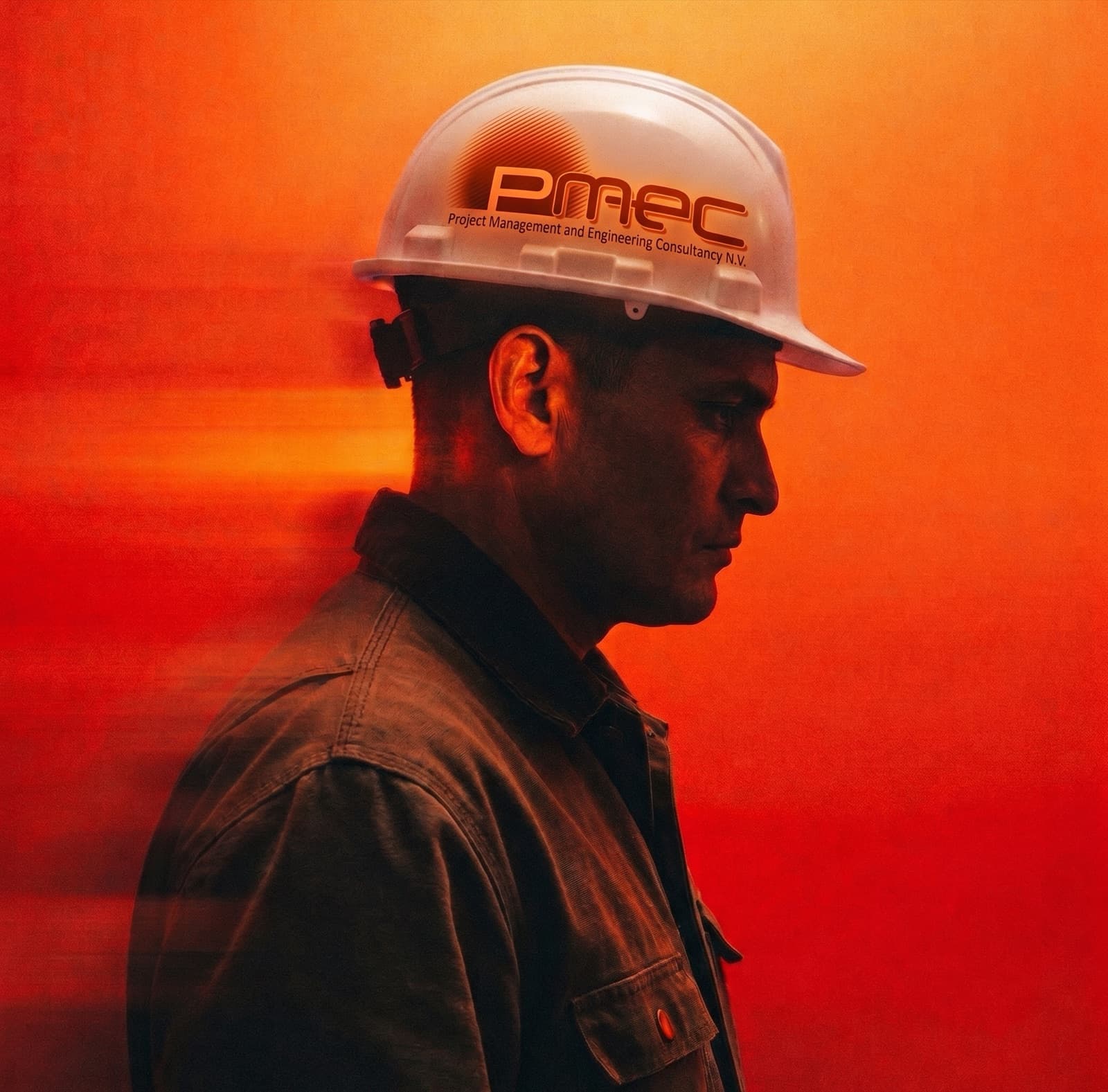 A PMEC engineer in a branded hard hat on site